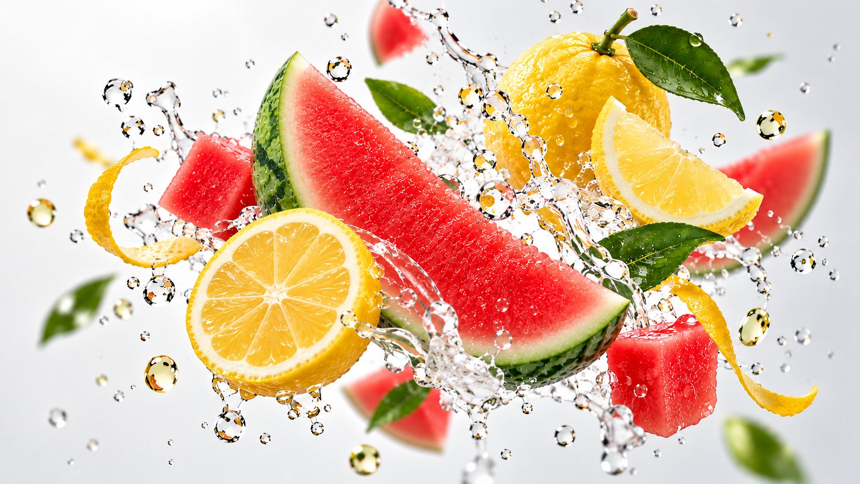 Tranches de melon rouge et de yuzu entourées d'éclaboussures d'eau